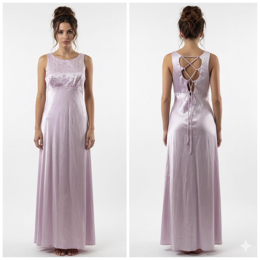 All That Jazz Maxi Dress Womens 7/8 Lavender Satin Embroidered Lace Up Fairycore